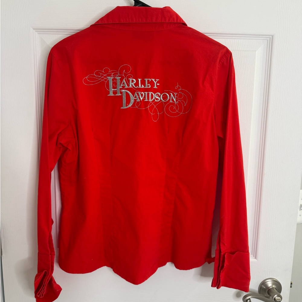 Harley Davidson Red Button Down Shirt Women's Large Long Sleeve Embroidered - Picture 5 of 5